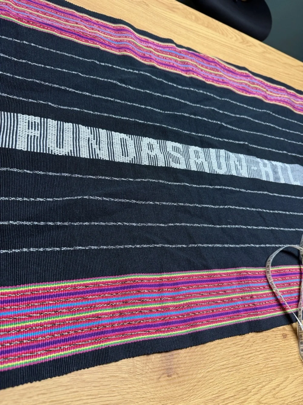 Timor-Leste traditional HandWoven Textiles Tais Black Fringe Runner with Stripes - Picture 2 of 4